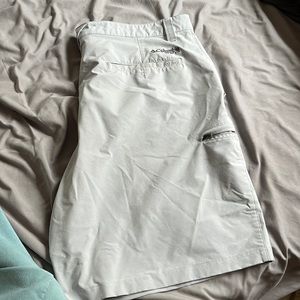 Gray, excellent shape, performance shorts with pocket and side pouch.